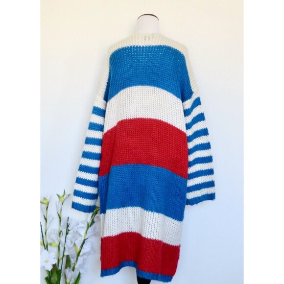 VICI Chunky Knit Open Front Duster Cardigan Striped Red White Blue SZ M - Picture 6 of 9